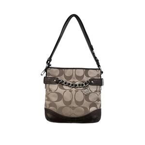 Coach Signature Crossbody Shoulder Bag Womens Brown Khaki Chain Leather Trim